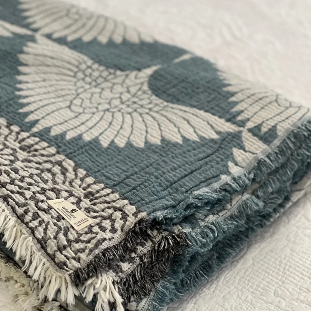 Luxury Bedspread King Organic Muslin Quilted 2 Side FLiPSiDE Peacock Teal Crane